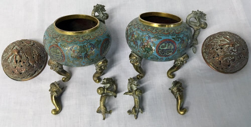 Pair of 19th century Chinese cloisonne incense burners and covers (af)