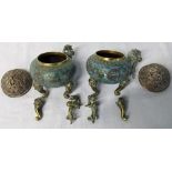 Pair of 19th century Chinese cloisonne incense burners and covers (af)