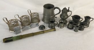 Various pieces of pewter, brass pocket telescope,