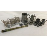 Various pieces of pewter, brass pocket telescope,