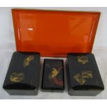 Pair of Oriental lacquered boxes 8 x 4.5 x 11 cm, lacquered medal box and a red lacquered tray 25.