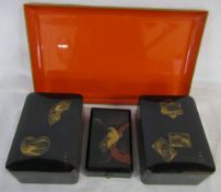 Pair of Oriental lacquered boxes 8 x 4.5 x 11 cm, lacquered medal box and a red lacquered tray 25.