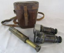 WWI military / Royal Flying Corps binoculars in leather case stamped B7011 & a 4 section brass