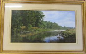 Large framed watercolour and gouache painting of trees and a stream by Peter Robinson 101 cm x 64