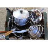 Various stainless steel saucepans and frying pans etc