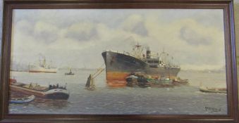 Framed oil on canvas of a shipping scene signed Maronde 86 cm x 45.