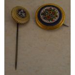 Tested as 18ct gold ornate micro mosiac brooch and a small millefiori style stick pin