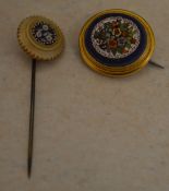 Tested as 18ct gold ornate micro mosiac brooch and a small millefiori style stick pin