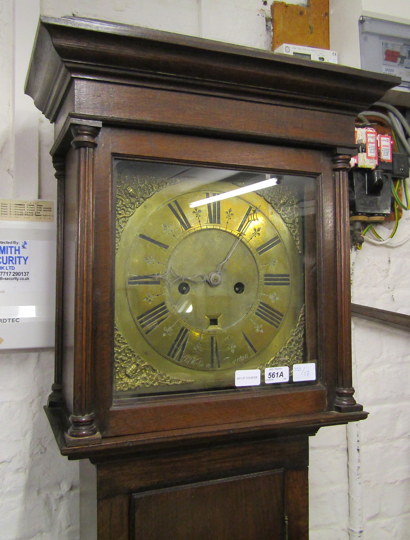 18th century 8 day longcase clock with brass dial & at oak case maker Jon Waldron Tiverton Ht 193cm