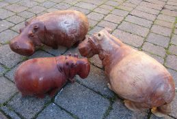 3 large wooden hippos L 48 cm and 33 cm hand crafted in Zimbabwe