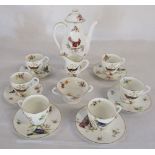 Late 1920's Royal Doulton coffee set no M1422 featuring colourful birds and foliage (damage to