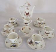 Late 1920's Royal Doulton coffee set no M1422 featuring colourful birds and foliage (damage to
