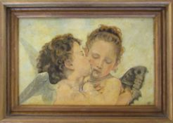 Modern gilt framed oil on board of cherubs kissing 49 cm x 35 cm (size including frame)