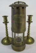 E Thomas & Williams Ltd brass miners lamp & small pair of brass candlesticks