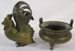 Chinese bronze chicken censer (tail af) H 22 cm & a Chinese bronze tripod censer H 10 cm