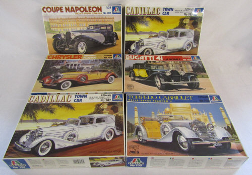 6 vintage boxed Italeri 1:24 car model kits - Bugatti 41 La Royale no 702, Cadillac Town Car no 707,