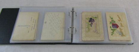Postcard album containing 44 WW1 embroidered silk cards and 5 silk greetings cards