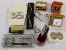 Selection of pens, silver caddy spoon, Ronson lighter,