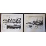 Pair of monochrome pen and ink drawings of harbour fishing scenes signed Diaz 49.