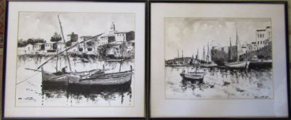 Pair of monochrome pen and ink drawings of harbour fishing scenes signed Diaz 49.