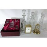 3 decanters (one with chip to rim), Burns Crystal miniature decanter set,