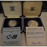 UK 1986 silver commemorative two pound coin and silver proof coin commemorating the marriage of the