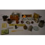 Large bag of marbles, wooden calendar, tankard, hip flask,