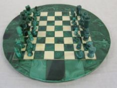 Circular Malachite chess board and pieces D 32 cm (NB all chess pieces in green malachite only)