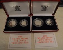 2 1990 silver proof five pence two-coin sets,