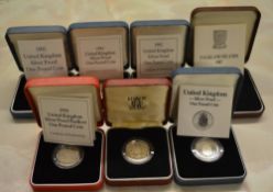 7 silver proof one pound coin commemorative coins including 1991, 1992, 1993, 1993 piedfort,