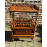 Victorian burr walnut canterbury whatnot with pierced fret work,