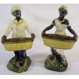 Pair of Victorian Majolica Blackamoor figures holding baskets (some repair)
