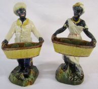 Pair of Victorian Majolica Blackamoor figures holding baskets (some repair)