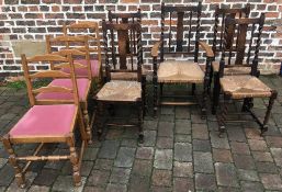 5 1930's dining chairs including a carver with barley twist legs & 3 ladder back chairs