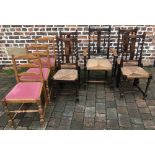 5 1930's dining chairs including a carver with barley twist legs & 3 ladder back chairs