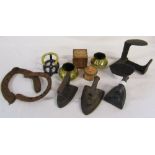 Various metalware inc cobblers last, flat irons,