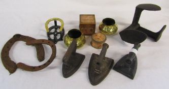 Various metalware inc cobblers last, flat irons,