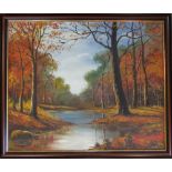 Oil on board of an autumn landscape by John Trickett 82 cm x 69 cm (size including frame)