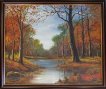 Oil on board of an autumn landscape by John Trickett 82 cm x 69 cm (size including frame)