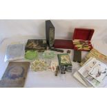 Various ceramics, Folio Society book, silver plate, cigarette cards,