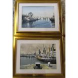 Pair of mixed media paintings of Boston docks by Charles Whitaker 74 cm x 59 cm (size including