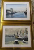 Pair of mixed media paintings of Boston docks by Charles Whitaker 74 cm x 59 cm (size including