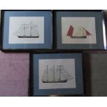 3 framed prints of ships drawn by John Gardner published by Hugh Evelyn - 'Result',