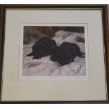 John Trickett 'Side by Side' signed limited edition print of two puppies in the snow,