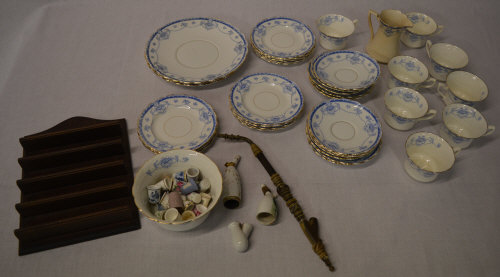 Blue and white part tea set (AF) German pipe (AF) and collection of ceramic thimbles