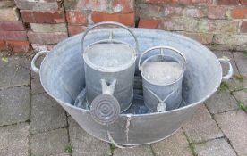 Galvanised tub and 2 watering cans