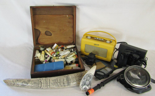 Artists paint box, Roberts radio, replica scrimshaw ware,