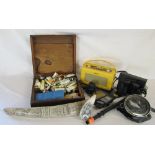 Artists paint box, Roberts radio, replica scrimshaw ware,