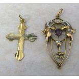 9ct gold pendant with amethyst stone weight 1.8 g & a 9ct gold cross weight 1.