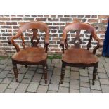 Pair of unusual Victorian mahogany open armchairs on turned legs,